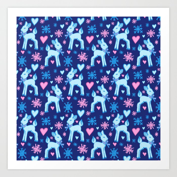 Baby Deer Pattern with Hearts and Snowflakes, Blue and Pink over Navy Art Print