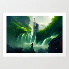 Greenpunk Building On A Waterfall Art Print