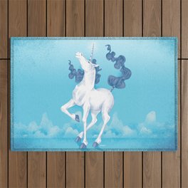 Stencil Unicorn on Teal Sky and Cloud Spray Outdoor Rug