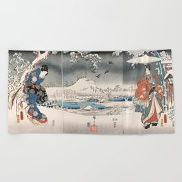Japanese Vintage Kunisada Hiroshige Snowy Landscape Beach Towel