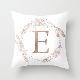 Letter E Rose Gold Pink Initial Monogram Throw Pillow