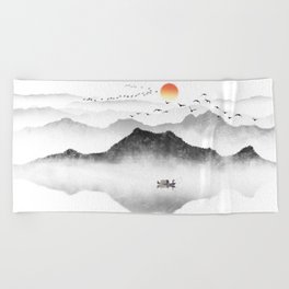 Japanese ink painting - Mountains By the Lake Beach Towel