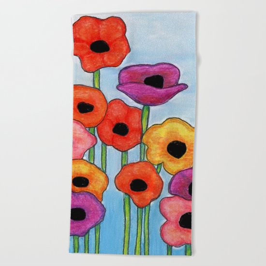 Colorful Poppies on Blue Beach Towel