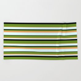 [ Thumbnail: Green, Brown, Light Cyan, and Black Colored Stripes/Lines Pattern Beach Towel ]
