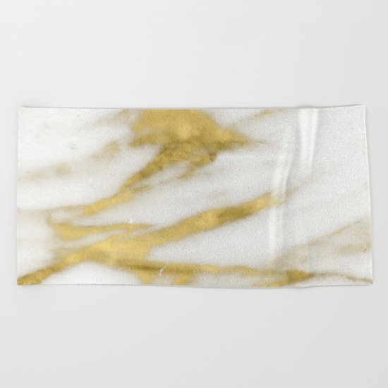 Marble - Gold Marble on White Pattern Beach Towel