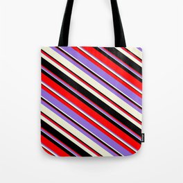 [ Thumbnail: Red, Purple, Beige & Black Colored Pattern of Stripes Tote Bag ]