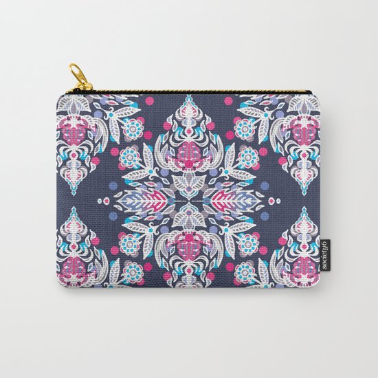 Pastel Folk Art Pattern in soft navy, pink, mauve & white Carry-All Pouch