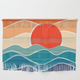 Retro 70s and 80s Color Palette Mid-Century Minimalist Nature Waves and Sun Abstract Art Wall Hanging