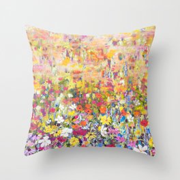 passionate blue orange yellow red wildflower field abstract painting Throw Pillow