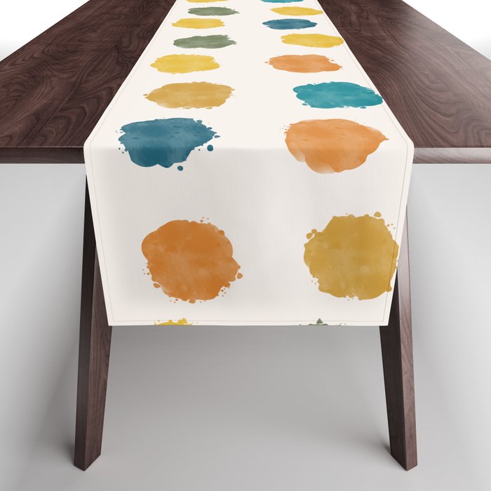 Cheerful Painted Watercolor Dot Pattern in Moroccan Orange Ochre Teal Blue Cream Table Runner