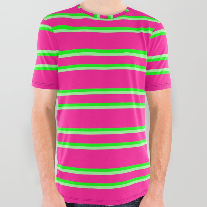 Deep Pink, Lime & Green Colored Pattern of Stripes All Over Graphic Tee