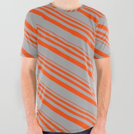 [ Thumbnail: Red & Dark Gray Colored Lined Pattern All Over Graphic Tee ]