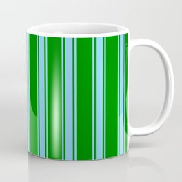 [ Thumbnail: Green and Light Sky Blue Colored Striped Pattern Coffee Mug ]