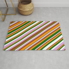 [ Thumbnail: Eyecatching Plum, Brown, Dark Orange, Dark Green & Mint Cream Colored Lined/Striped Pattern Rug ]