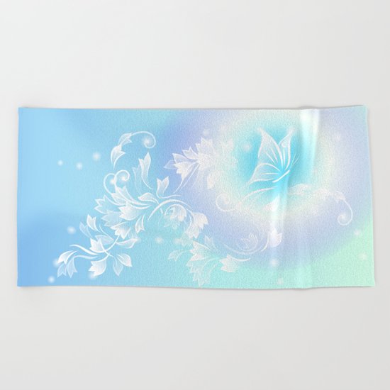 Floral Turquoise Butterfly Fantasy Beach Towel