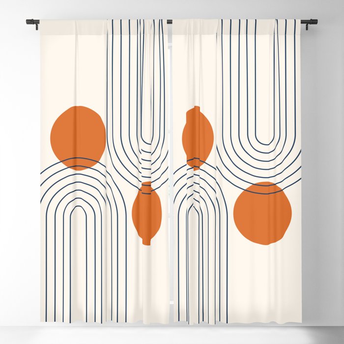 Mid Century Modern Geometric 88 in Navy Blue and Orange (Rainbow and Sun Abstraction) Blackout Curtain