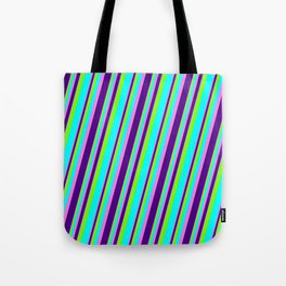 [ Thumbnail: Chartreuse, Aqua, Violet, and Indigo Colored Striped/Lined Pattern Tote Bag ]