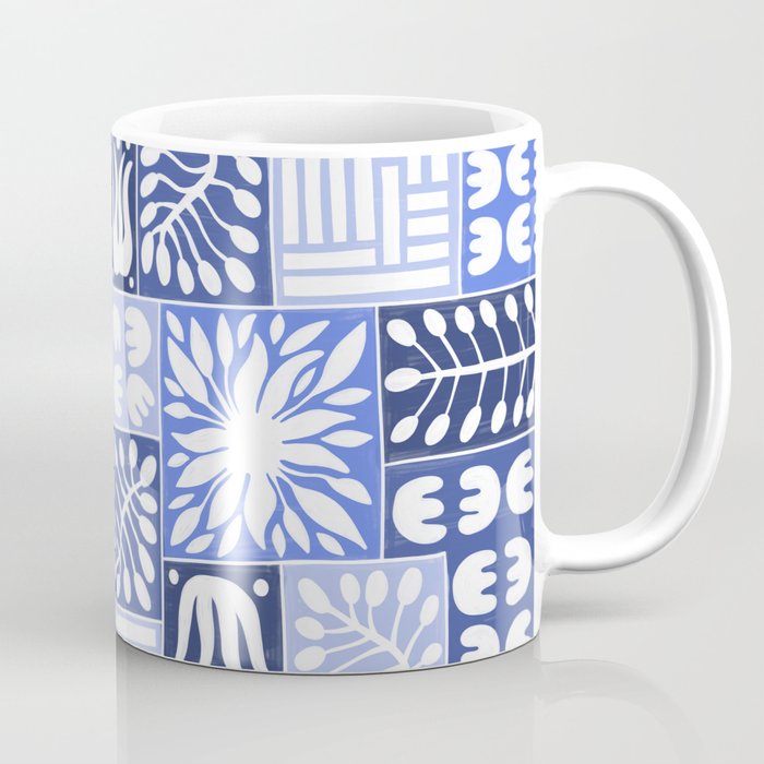 Stylized Floral Patchwork in Shades of Blue Coffee Mug