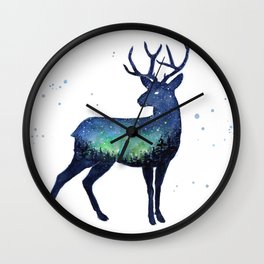Galaxy Reindeer Silhouette with Northern Lights Wall Clock