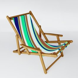 [ Thumbnail: Eye-catching Light Green, Sienna, Mint Cream, Green, and Blue Colored Stripes/Lines Pattern Sling Chair ]
