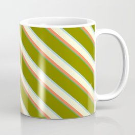 [ Thumbnail: Vibrant Green, Light Blue, Light Yellow, Coral & Sea Green Colored Lines/Stripes Pattern Coffee Mug ]