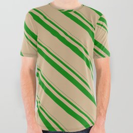 [ Thumbnail: Green & Tan Colored Pattern of Stripes All Over Graphic Tee ]