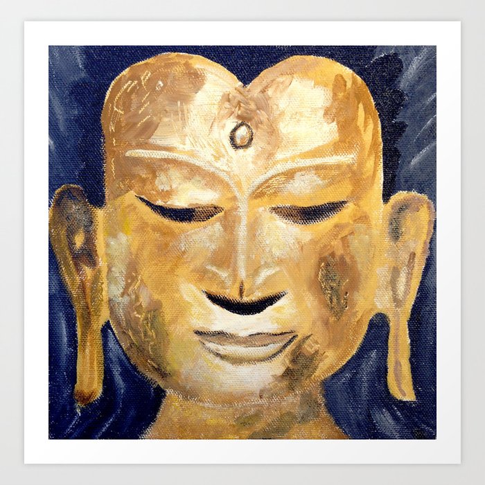 Unique Yellow Gold Buddha Head Oil Painting On Canvas Art Print By