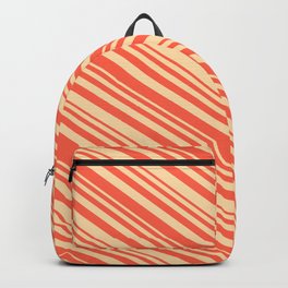 [ Thumbnail: Tan and Red Colored Striped/Lined Pattern Backpack ]