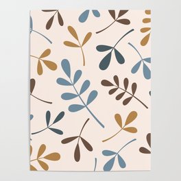 Assorted Leaf Silhouettes Blues Brown Gold Cream Poster