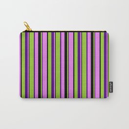 [ Thumbnail: Green, Indigo, Violet, and Black Colored Lines/Stripes Pattern Carry-All Pouch ]
