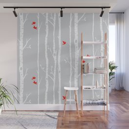 Birch tree forest with red birds on gray Wall Mural