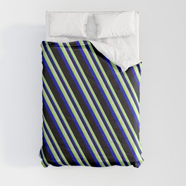[ Thumbnail: Lavender, Light Green, Blue & Black Colored Pattern of Stripes Comforter ]