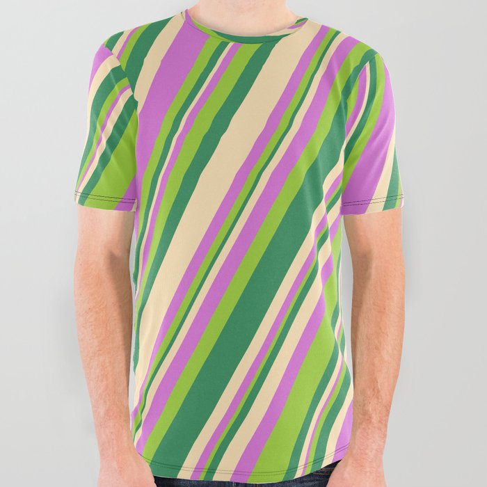 Orchid, Green, Sea Green, and Beige Colored Stripes Pattern All Over Graphic Tee