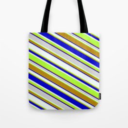 [ Thumbnail: Colorful Light Gray, Mint Cream, Light Green, Dark Goldenrod, and Blue Colored Striped/Lined Pattern Tote Bag ]
