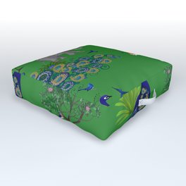 Tiger ,Indian elephant ,peacock jungle pattern ,green background  Outdoor Floor Cushion