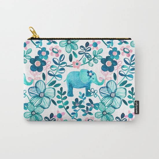 Dusty Pink, White and Teal Elephant and Floral Watercolor Pattern Carry-All Pouch