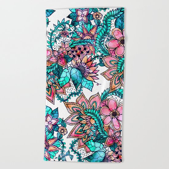 Boho turquoise pink floral watercolor illustration Beach Towel