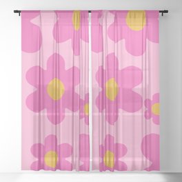 Simple Retro Flowers on Pink Background Sheer Curtain