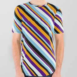 [ Thumbnail: Eye-catching Orange, Indigo, Mint Cream, Sky Blue, and Black Colored Stripes Pattern All Over Graphic Tee ]