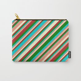 [ Thumbnail: Eyecatching Dark Turquoise, Dark Salmon, Light Yellow, Red & Green Colored Stripes Pattern Carry-All Pouch ]