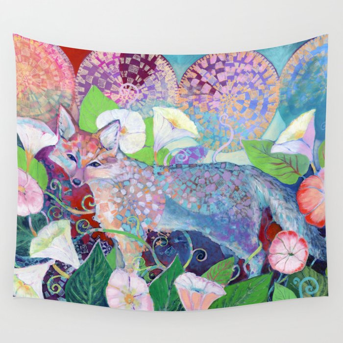 Little Fox in Field of Flowers Wall Tapestry