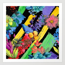 Red, Yellow, Blue and Lilac Watercolor Floral Art Art Print