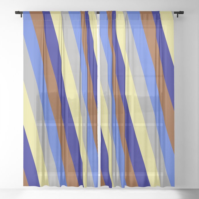 Vibrant Royal Blue, Dark Grey, Tan, Blue, and Brown Colored Lines/Stripes Pattern Sheer Curtain