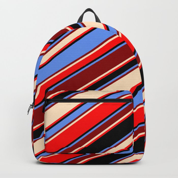 Cornflower Blue, Dark Red, Bisque, Red & Black Colored Stripes Pattern Backpack