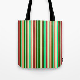 [ Thumbnail: Eye-catching Brown, Green, Beige, Dark Green & Light Salmon Colored Lined/Striped Pattern Tote Bag ]