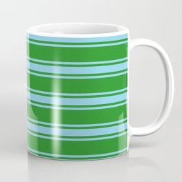 [ Thumbnail: Forest Green and Sky Blue Colored Lined/Striped Pattern Coffee Mug ]