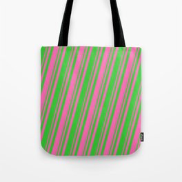 [ Thumbnail: Hot Pink & Lime Green Colored Striped/Lined Pattern Tote Bag ]