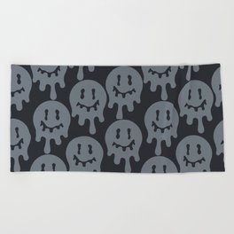 Melted Smiley Faces Trippy Seamless Pattern - Grey Beach Towel