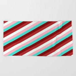 [ Thumbnail: Light Pink, Turquoise, Maroon, Red, and Mint Cream Colored Lined/Striped Pattern Beach Towel ]