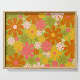 Retro 60s 70s Aesthetic Floral Pattern in Lime Green Pink Yellow Orange Serving Tray